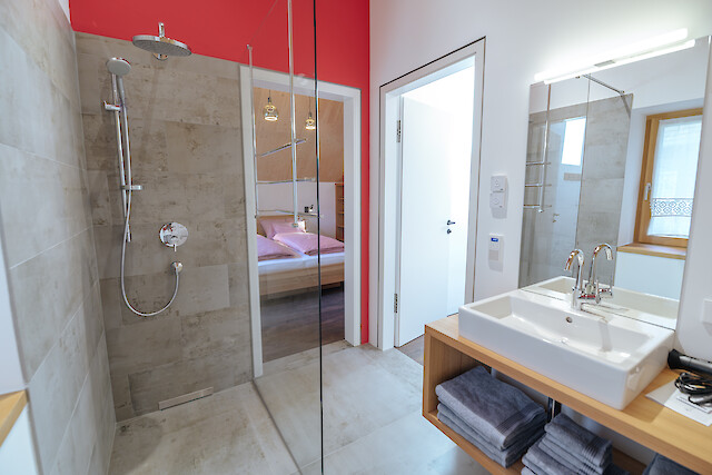Schmiedgut - Hochwertig ausgestattete Badezimmer mit Regenwalddusche und teils mit Badewanne